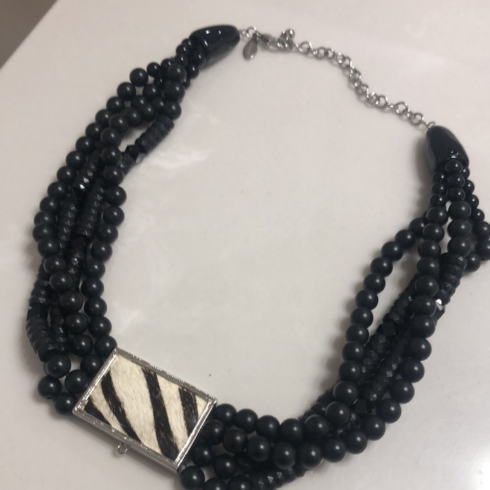 Chico’s Vintage Elegant Black Beaded Necklace with Zebra Pendant